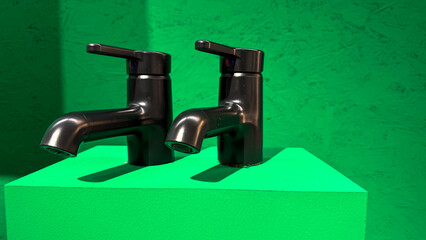 Twin chrome faucets gleaming against surreal emerald backdrop, plumbing artistry meeting...