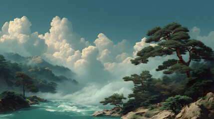 Serene Landscape Panorama: Capturing the majestic beauty of a natural landscape, this panorama features lush greenery and captivating mountain ranges, under a clear, light-filled sky.