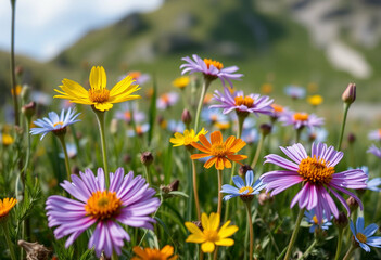 White and pink wildflowers standing tall in breezy green slope