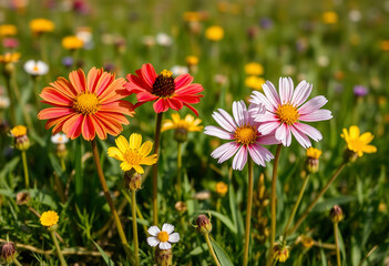Fototapeta premium Orange and white daisy-like wildflowers blooming in sunny mountain field