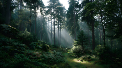 Mystic Forest: An enchanting view of a forest bathed in sunlight, evoking feelings of peace and serenity.