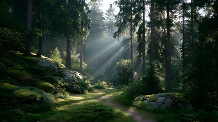 Sunlit Path Through Enchanted Woods: A pathway meanders through a mystical forest, where sunlight filters through the canopy, creating an ethereal and serene atmosphere.