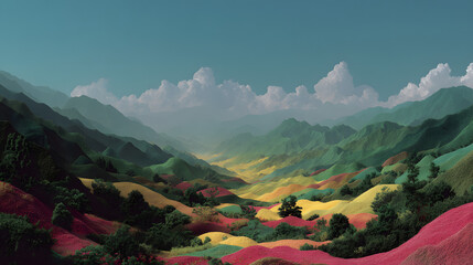 Vibrant Valley Panorama: A mesmerizing landscape featuring a colorful valley nestled between towering mountains, rendered in a vivid and expressive art style, invoking a sense of awe and wonder.