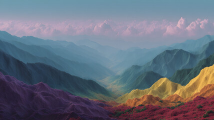 Rainbow Valley: An abstract rendering of majestic mountains, painted with a stunning array of colors, creates a mesmerizing valley scene beneath a sky of soft hues. 