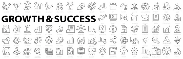 Growth & Success 64 icon set. Successful business development, plan and process symbol. Goals and Target Related. Vector illustration.