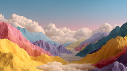 Fantasy Mountainscape: A mesmerizing vista of pastel-colored mountains shrouded in soft clouds under a serene sky, creating a sense of tranquility and wonder.