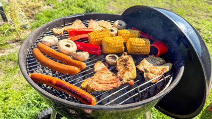 Sizzling barbecue symphony with vibrant peppers, smoky corn, and savory sausages; a grill tapestry...