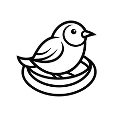 Simple black and white illustration of a cute bird sitting in a nest on white background