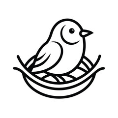 Minimalist line art illustration of a small bird sitting comfortably in its nest