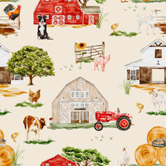 adorable seamless pattern with farm animal and nature element series vector format © tanakamori