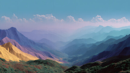 Mountain Panorama: A sweeping vista of layered mountain ranges, painted with a palette of soft, dreamy colors under a vast, clear sky.
