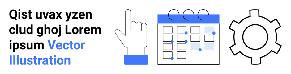 Hand gestures towards calendar with marked events, gear icon signifies processes. Ideal for scheduling, strategy, planning, time management, productivity, workflow, simple landing page
