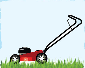 Fototapeta premium vector red lawn mower with grass and blue sky