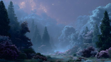 Mystical Forest Dreamscape: A tranquil, dreamlike landscape filled with ethereal mist and towering trees, bathed in soft, pastel hues that evoke a sense of serenity and wonder.