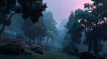 Mystical Forest: A captivating forest scene shrouded in a dreamy mist, evokes tranquility with the interplay of light and shadow through towering trees.