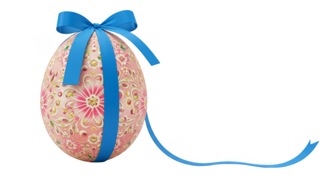 3D Render Easter Egg Ornament with Pink Floral and Blue Ribbon - Powered by Adobe