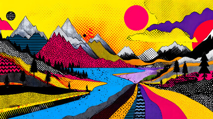 Vibrant Mountain Landscape: A captivating abstract illustration of a colorful mountain landscape. This artwork evokes a sense of wonder with its bold colors and creative style. 