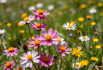 Colorful wildflowers in soft focus with bokeh background and natural light