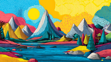 Vibrant Mountain Vista: A stunning, stylized depiction of a mountain landscape comes alive with a radiant sun, embracing a vivid color palette, perfect for adding a touch of artistic flair.