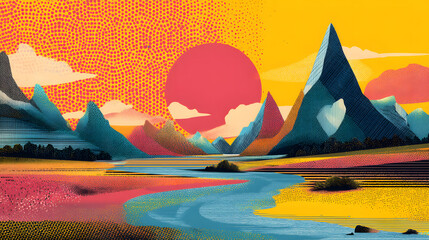 Colorful Sunset Mountain Landscape: Vibrant landscape painting capturing the tranquil beauty of mountain, with a stunning sunset, a winding river, and textured sky.
