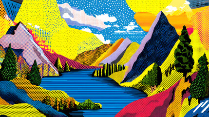 Vibrant Mountainscape: An artistic rendering of a mountain landscape, with rolling hills and a serene lake. the scene evokes a sense of adventure and wonder.