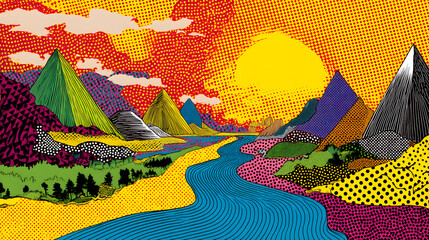 A Vibrant Mountain Panorama: A colorful, stylized landscape depicting a breathtaking view of mountains, a river, and a radiant sun.