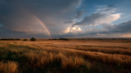Rainbow's Embrace: A breathtaking landscape showcases a vivid rainbow arching across a sprawling field, symbolizing hope and the beauty of nature after a storm.