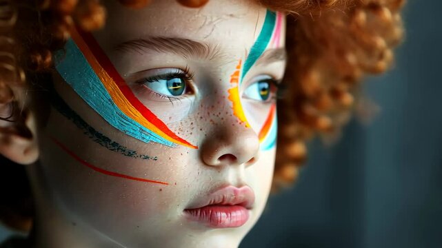 child face me with face painting close up, concept of kids entertainment, events, face painting services, party industry, entertainers