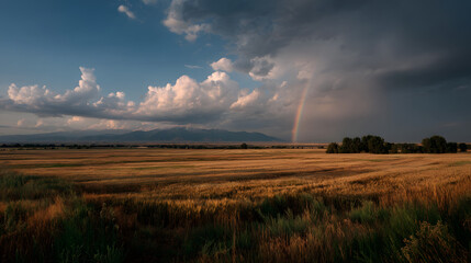Rainbow over Golden Field: A breathtaking view of a vibrant rainbow arching over a vast golden field, with dramatic clouds and distant mountains adding depth and scale to this stunning landscape.