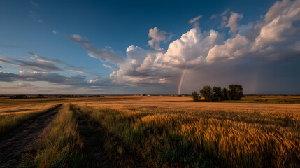 Golden Wheat Field with Rainbow: A breathtaking panoramic view of a wheat field bathed in golden sunlight, a captivating rainbow arcing across the sky.