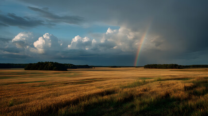 Rainbow Over the Vast Landscape: An awe-inspiring display of nature's artistry unfolds as a radiant rainbow arches gracefully over a golden field bathed in the ethereal glow of sunlight.