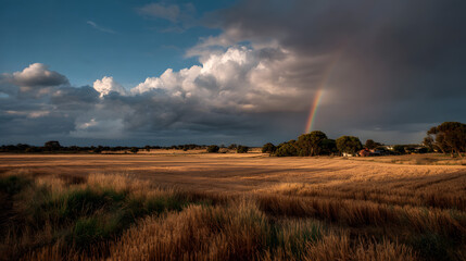 Rainbow over the golden field: Witness the stunning juxtaposition of a vibrant rainbow arching gracefully over a field of golden crops, bathed in the warm glow of the sun.