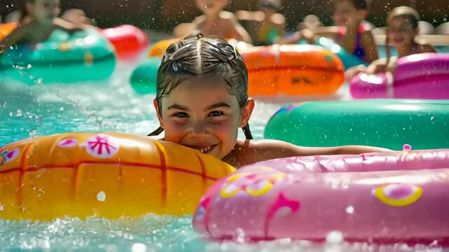 children play m have fun in swimming pool with inflatable ring, water splash, summer holiday and safe water fun, kids entertainment concept, tourism industry, family vacation