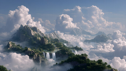 Majestic Mountainscape: A breathtaking vista of lush mountains peaks, and cascading waterfalls. The clouds embrace the summit, creating a stunning display.