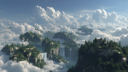 Serene Cloudscape Landscape: A breathtaking panoramic view unveils a mystical landscape with emerald green mountains that appear to float amongst fluffy, bright white clouds.