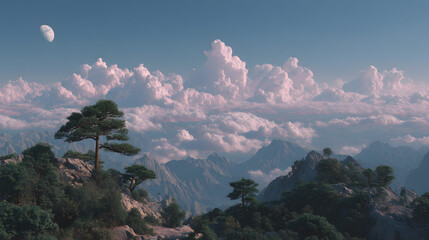 Serene Mountain Vista: A breathtaking vista unfolds, showcasing a majestic mountain range beneath a canvas of ethereal clouds and a gentle crescent moon, radiating tranquility and natural beauty.