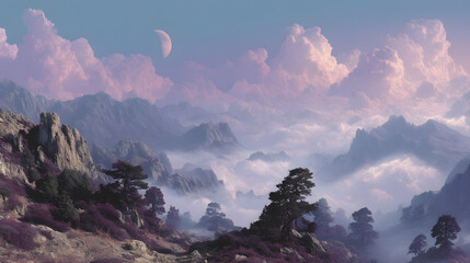 Mystical Mountain Vista: The image presents a majestic mountainous landscape bathed in a soft, ethereal light. Mist and clouds enshroud the peaks and valleys.