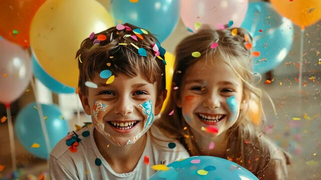 kids having fun at birthday party with confetti and face painting close up, concept of kids entertainment, events, face painting services, party industry, entertainers