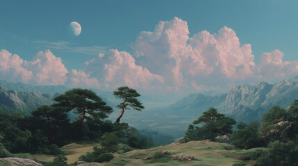 Panoramic vista: a breathtaking mountainous landscape is adorned with billowing clouds, a graceful moon, and lush greenery, inviting serenity and wonder.