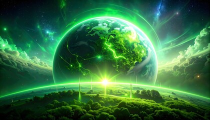 Obraz premium A vibrant green energy field emanating from a lush planet towards a larger, glowing green Earth in a nebula-filled sky