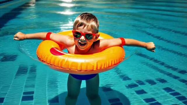 Smiling boy in sunglasses floating in a pool with an inflatable ring and armbands on a sunny day. Top view	