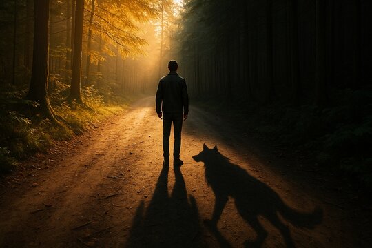 Man walking forest path casting wolf shadow at sunrise