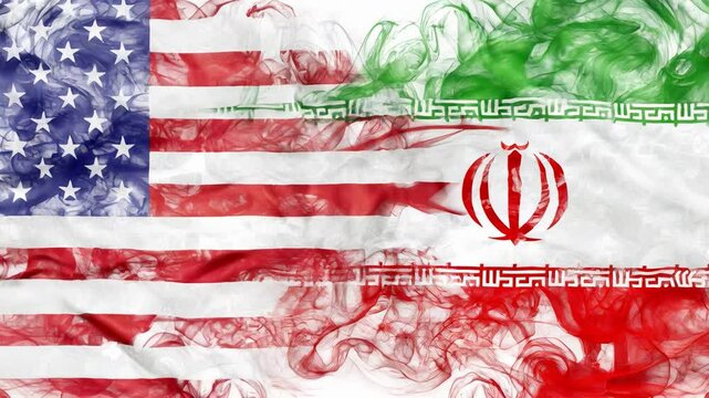 American flag and Iranian flag in smoke shape on white background. Concept of world conflict and war and custom duties. America VS Iran metaphor. Winds of war.