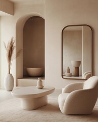 minimalist living room with beige textures, modern furnishings, and an empty frame for digital content insertion, sharp focus, balanced exposure, soft gradients, high resolution, commercial