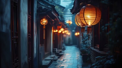 A quiet alley with night lanterns along the way 