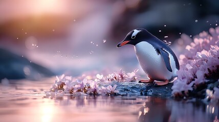A penguin standing in a field of cherry blossoms and a small lake