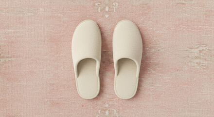 Beige slippers on light pink rug