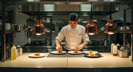 Chef preparing dishes in professional kitchen