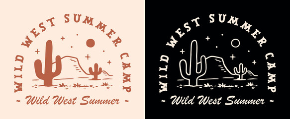 Wild West summer camp desert country cowboy cowgirl theme camping camper badge emblem logo. Retro vintage aesthetic printable illustration lettering for vacation girls trip shirt design poster print.