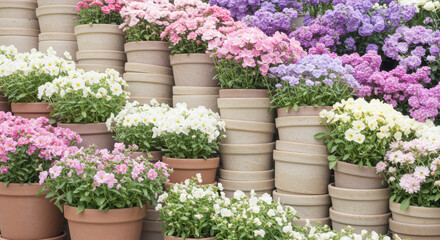 Colorful flowers in terracotta pots